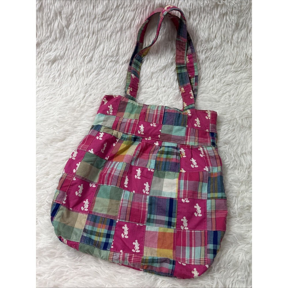 Disney Parks Pink Madras Patchwork Mickey Mouse Tote Bag Plaid Cotton